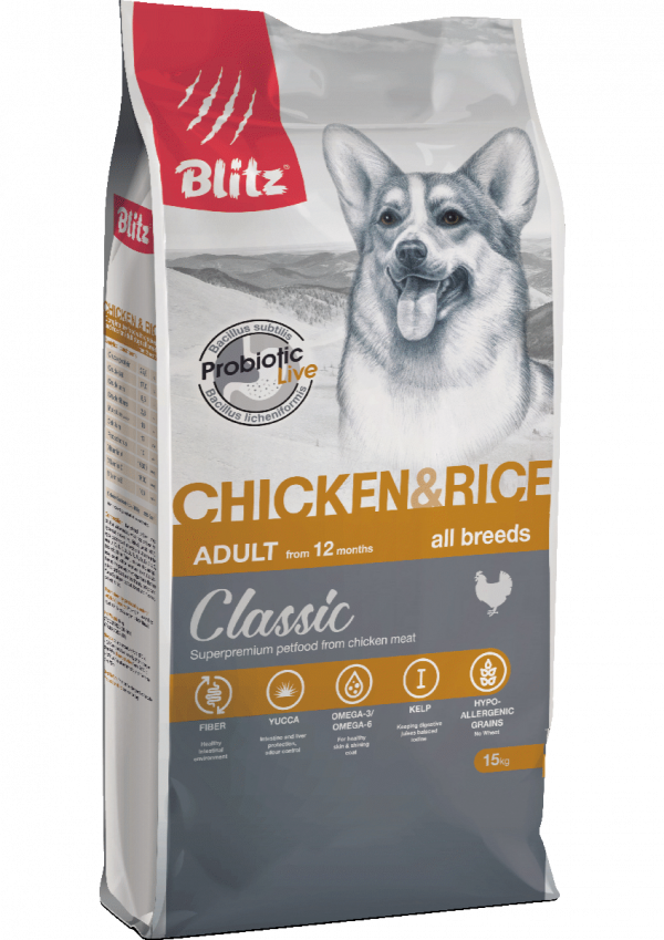 Blitz Сухой корм для собак Classic Adult Dog всех пород, Курица и Рис 15кг