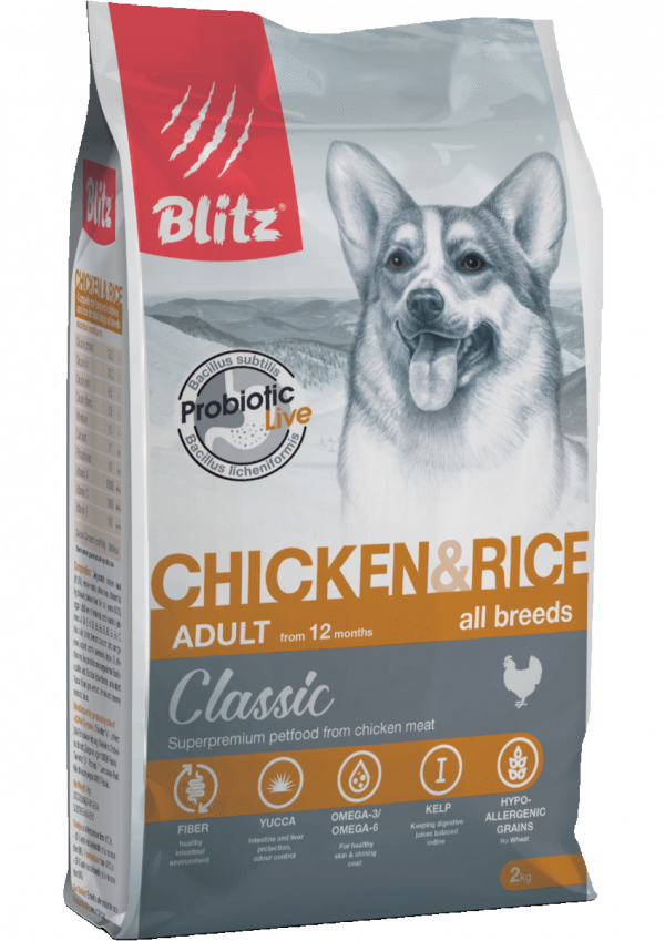 Blitz Сухой корм для собак Classic Adult Dog всех пород, Курица и Рис 2кг