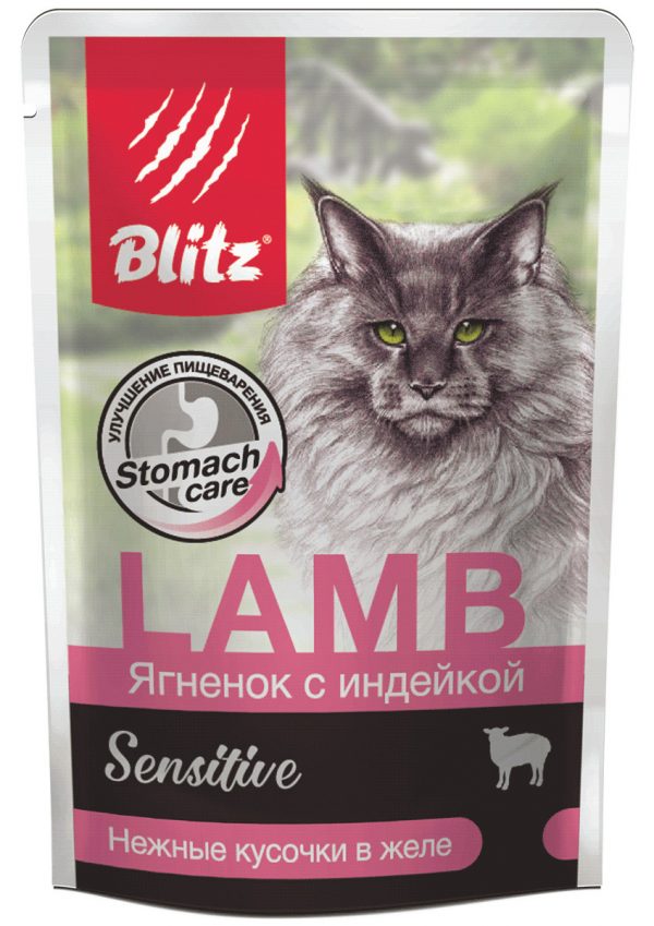 Blitz Влажный корм для кошек Sensitive Adult Cat с чувствительным пищеварением, нежные кусочки в желе, Ягненок и Индейка 85г