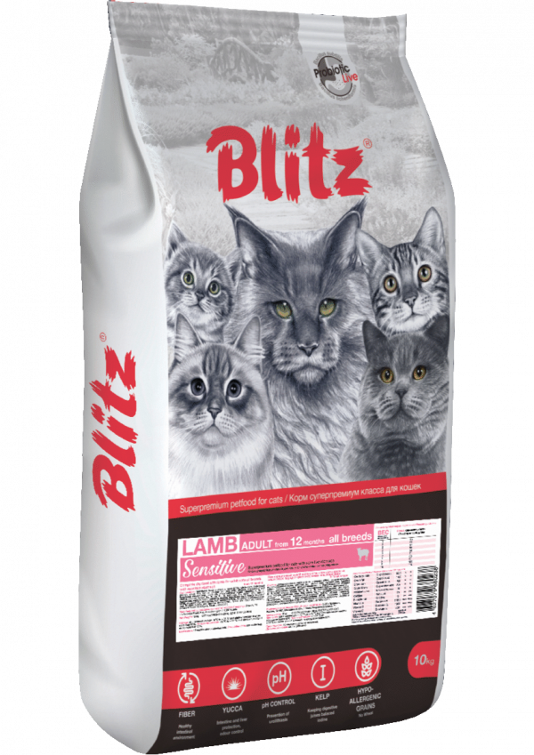 Blitz Сухой корм для кошек Sensitive Adult Cat с чувствительным пищеварением, Ягненок 10кг