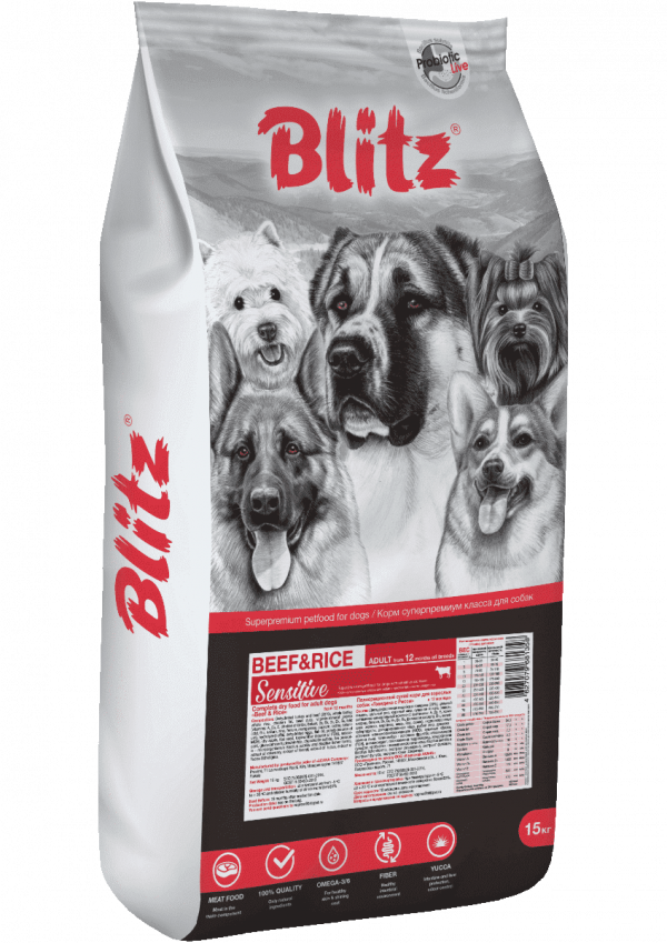 Blitz Сухой корм для собак Sensitive Adult Dog с чувствительным пищеварением, Говядина и Рис 15кг